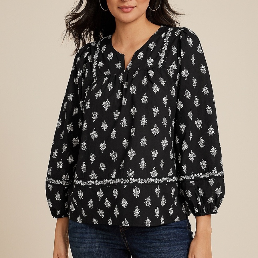 Maurices NEW Black and White Patterned Cotton Peasant Blouse Long Sleeve XXL